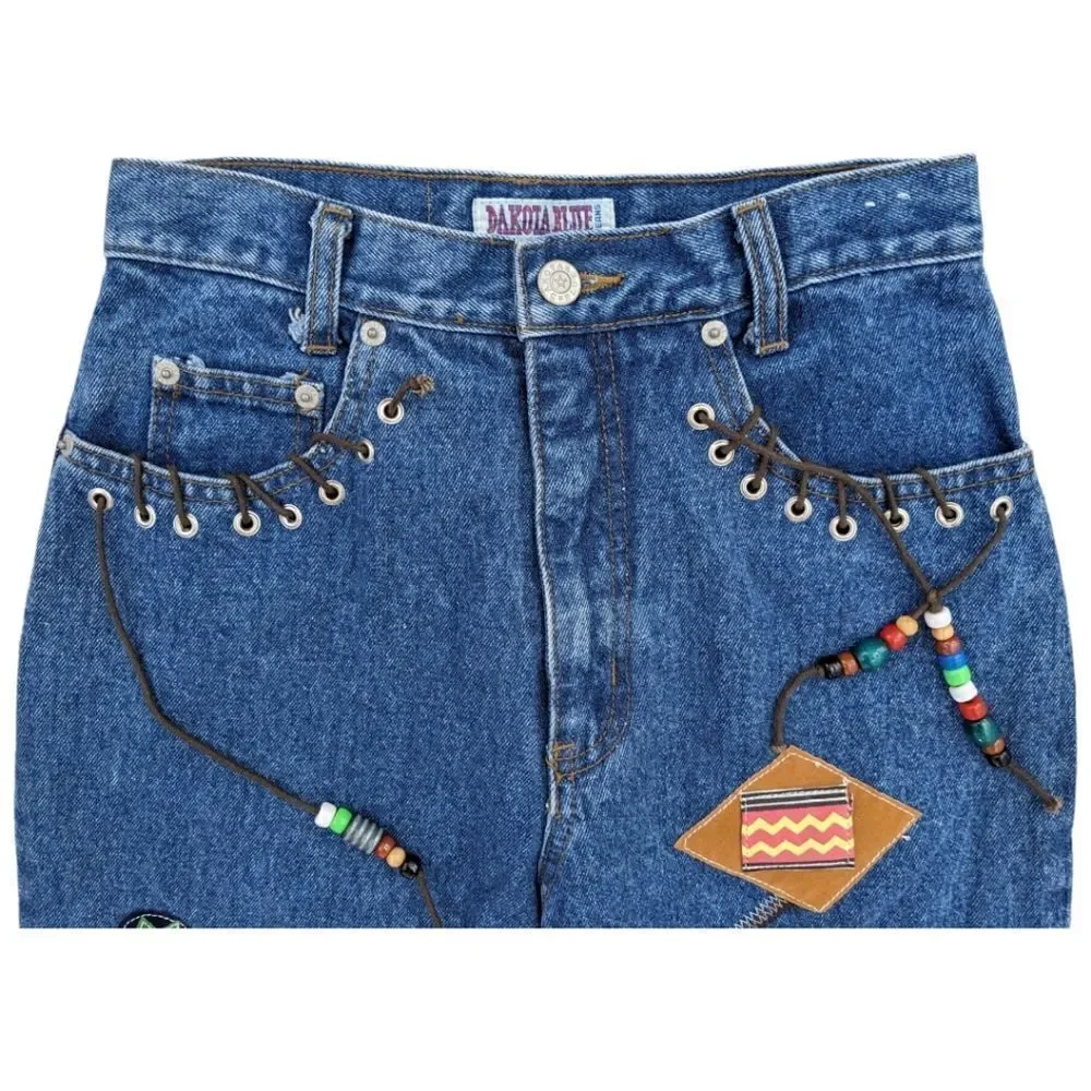 Y2k/90s Vtg Dakota Blue Jeans Boho Native American Patchwork Beaded High Waisted